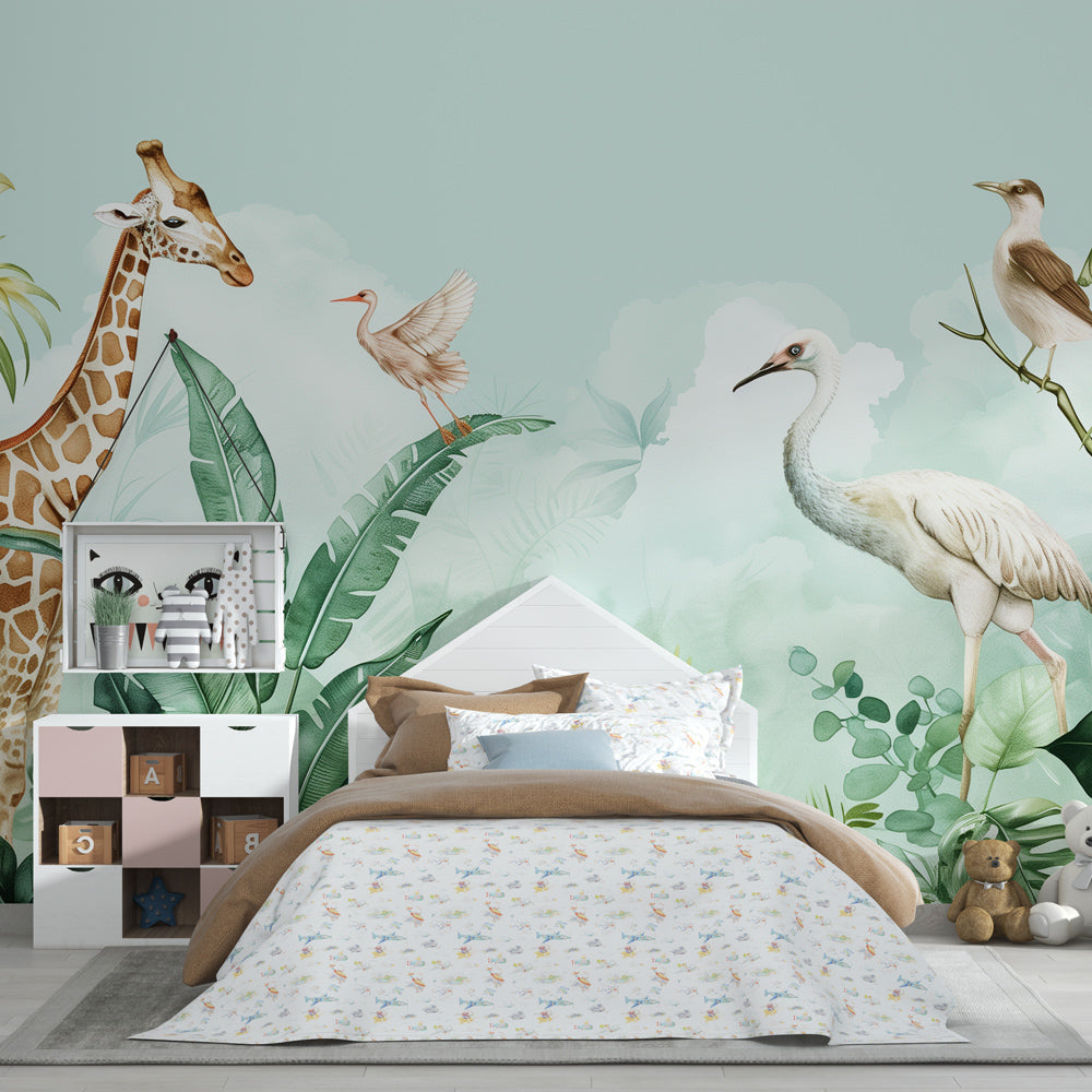 Kids-Mundo tropical giraffe wall mural adding a soft watercolour scene to a playroom