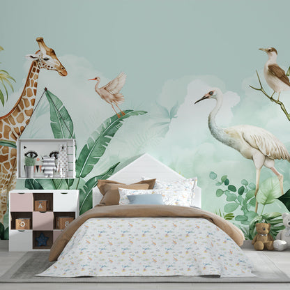 Kids-Mundo tropical giraffe wall mural adding a soft watercolour scene to a playroom