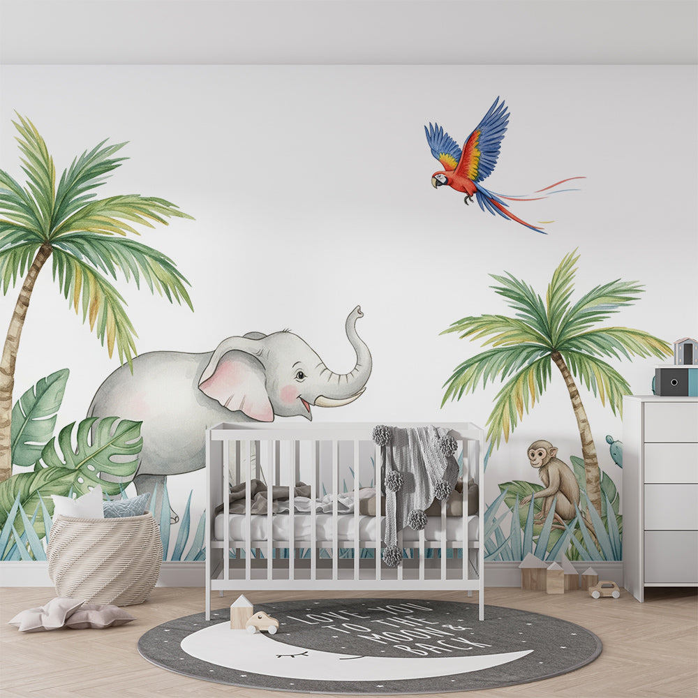 Kids-Mundo watercolour jungle mural on a feature wall in a bright children's bedroom