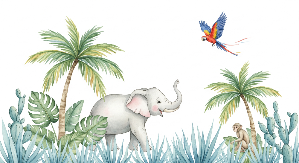 Watercolour Elephant and Jungle Animals Wall Mural