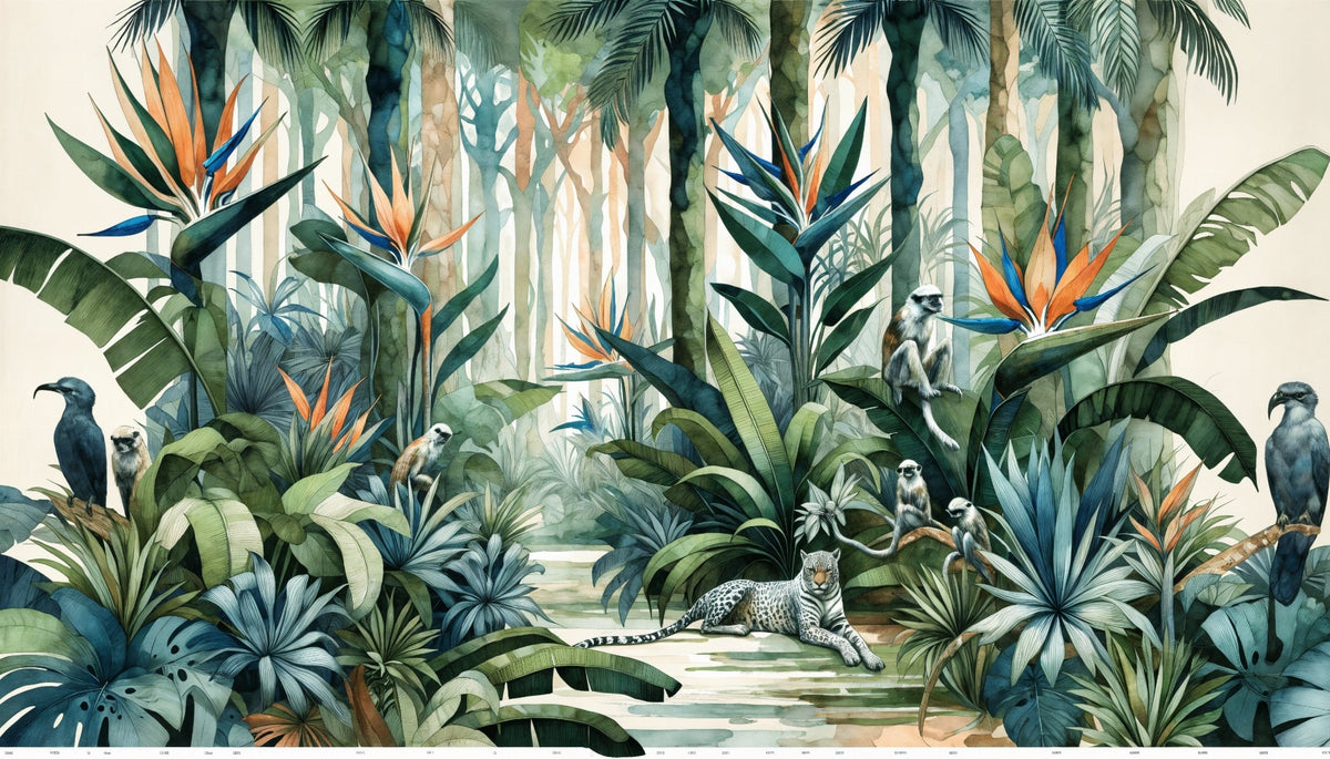 Watercolour Jungle with Leopard and Tropical Flowers Wall Mural