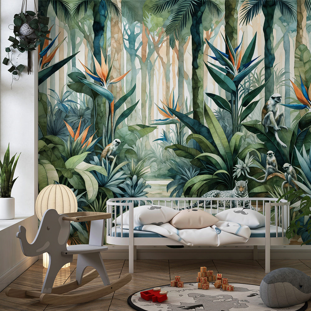 Jungle flower wall mural by Kids-Mundo decorating a colourful children's playroom