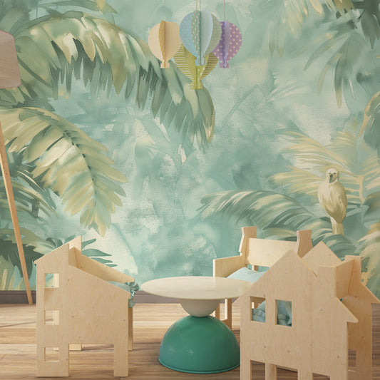 Kids-Mundo watercolour jungle palm wall mural as a feature wall in a soft kids bedroom.