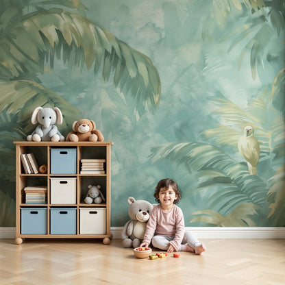 Kids-Mundo watercolour jungle palm wall mural styled in a calm, light-filled nursery setting.