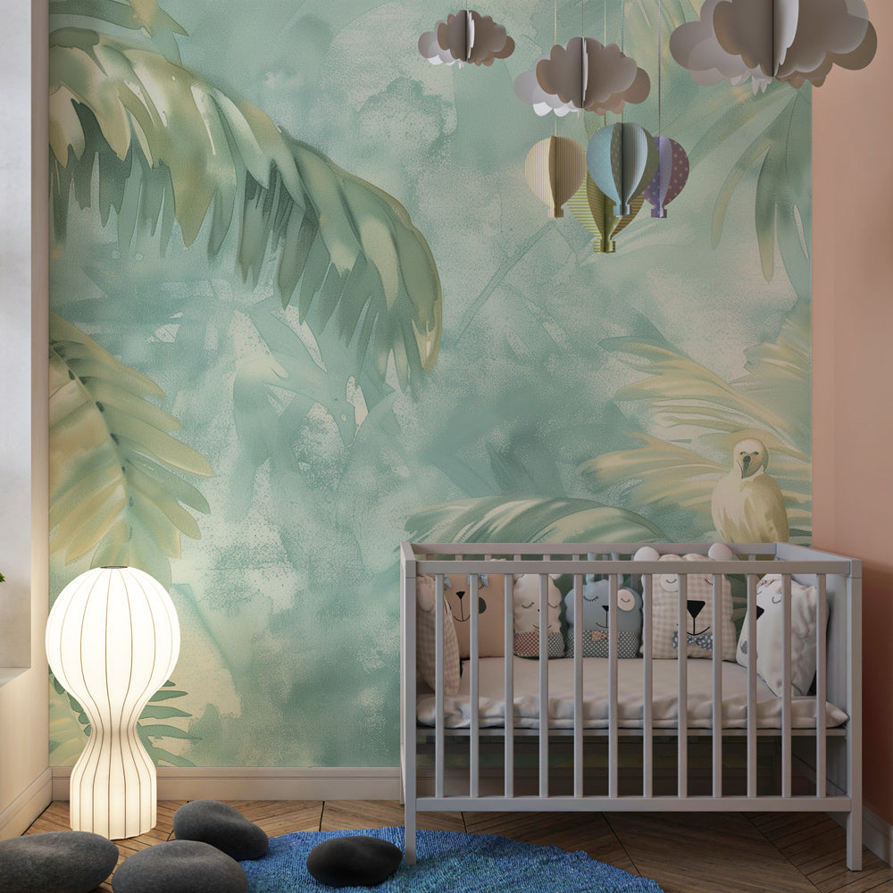 Kids-Mundo watercolour jungle palm wall mural brightening a relaxed children's playroom space.