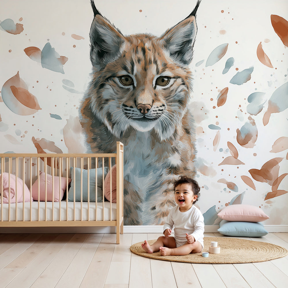 Kids-Mundo watercolour lynx cub wall mural styled in a soft, calming nursery.