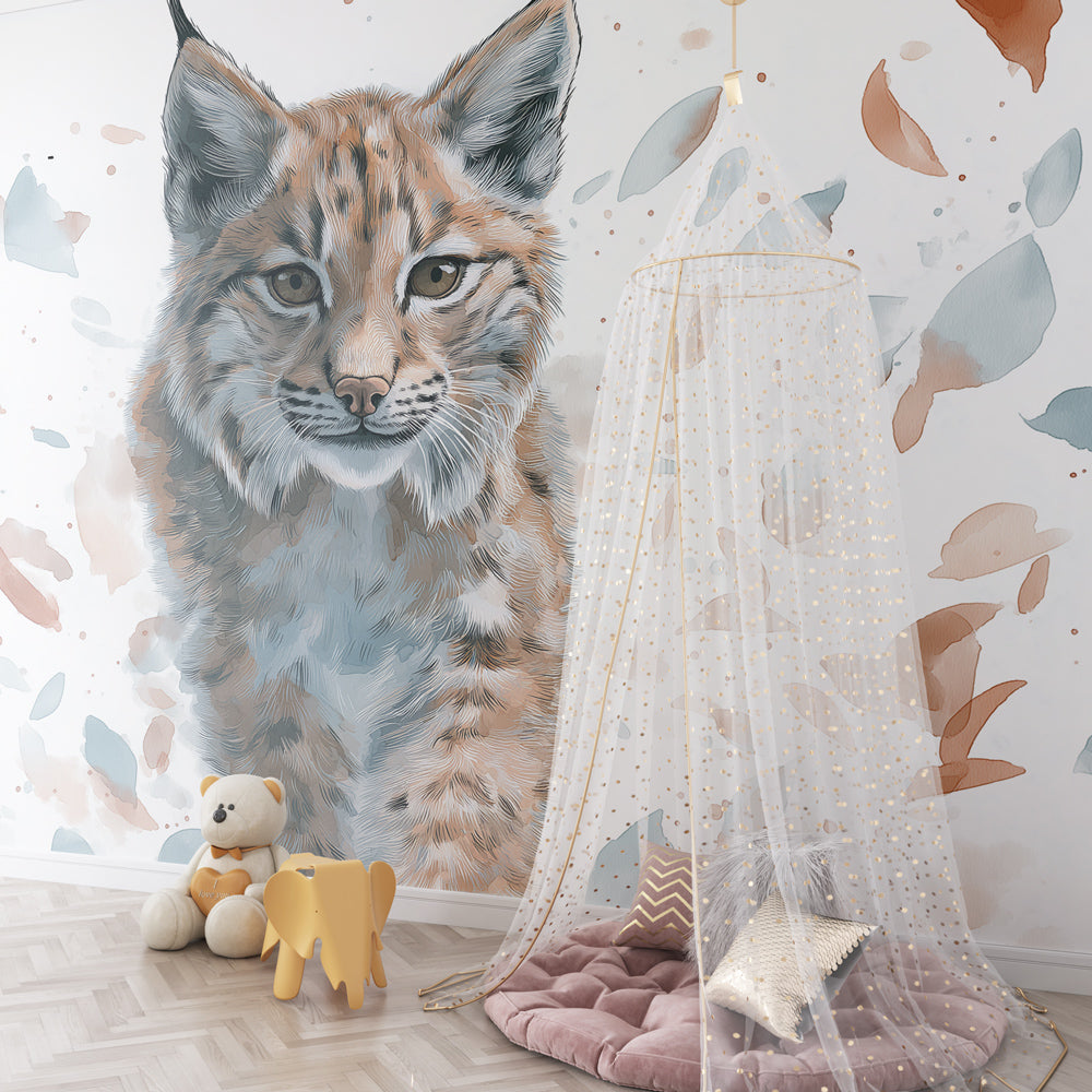 Kids-Mundo watercolour lynx cub mural adding a gentle wildlife theme to a playroom wall.
