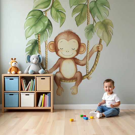 Kids-Mundo watercolour baby monkey wall mural made to measure for a baby nursery