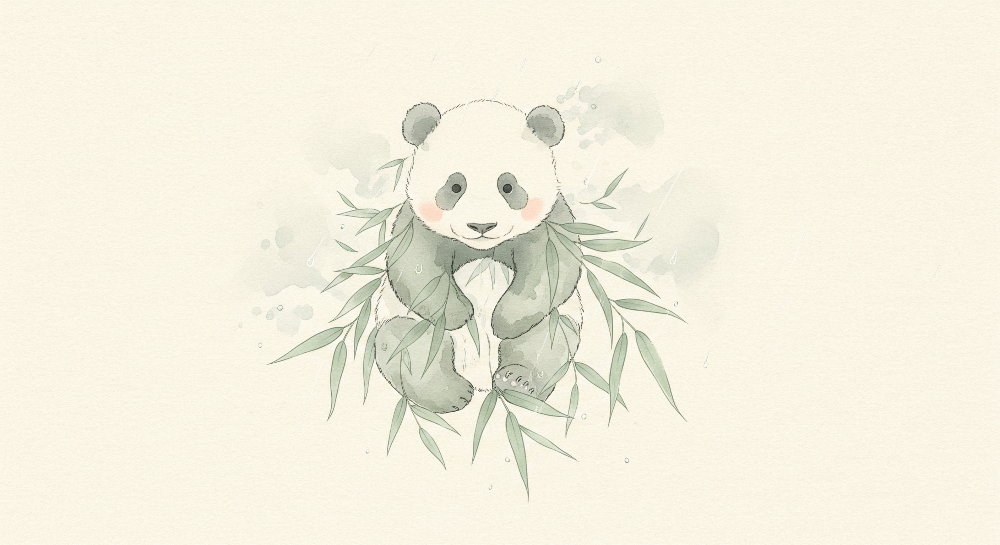 Kids-Mundo flat artwork of the watercolour panda in bamboo leaves wall mural design