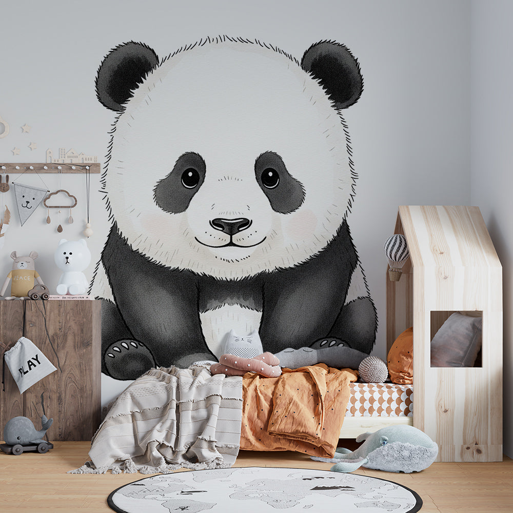 Kids-Mundo panda wall mural styled in a kids bedroom, adding a calm artistic panda sketch.