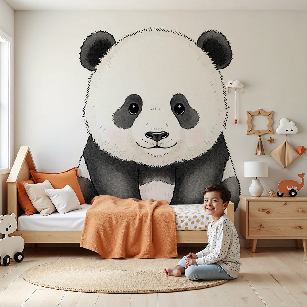Kids-Mundo panda wall mural in a soft nursery, made to measure with a watercolour-style panda cub.
