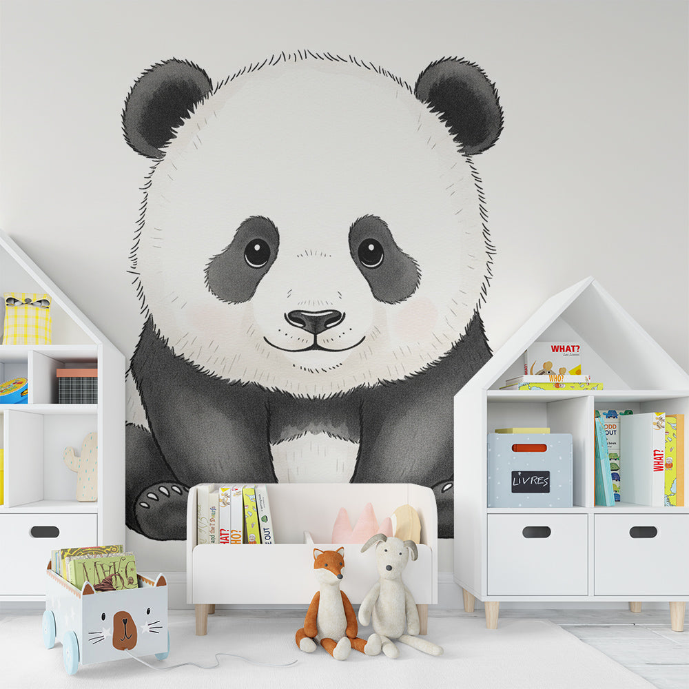 Kids-Mundo panda wall mural brightening a playroom with a gentle hand-drawn panda cub.