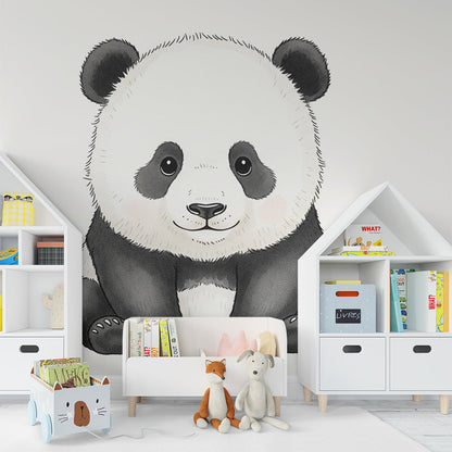 Kids-Mundo panda wall mural brightening a playroom with a gentle hand-drawn panda cub.