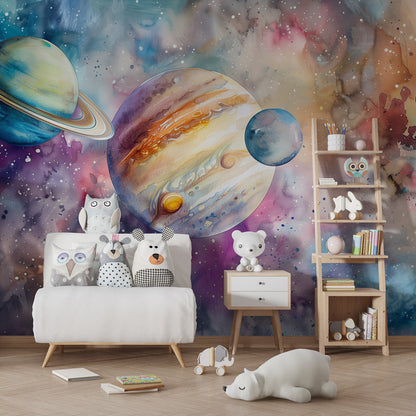 Kids-Mundo galaxy wall mural with planets and stars behind a bed in a kids bedroom