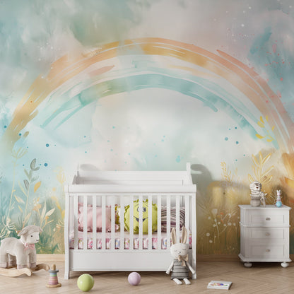 Kids-Mundo rainbow meadow wall mural in a gentle, pastel child's bedroom