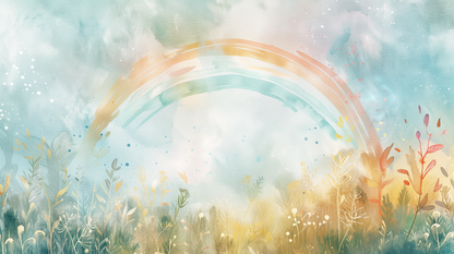 Flat artwork of the Kids-Mundo watercolour rainbow wall mural over a wildflower meadow
