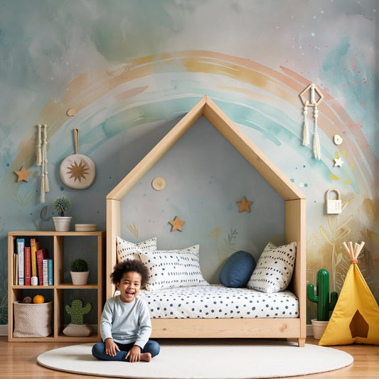 Watercolour rainbow wall mural by Kids-Mundo styled in a soft, dreamy nursery room