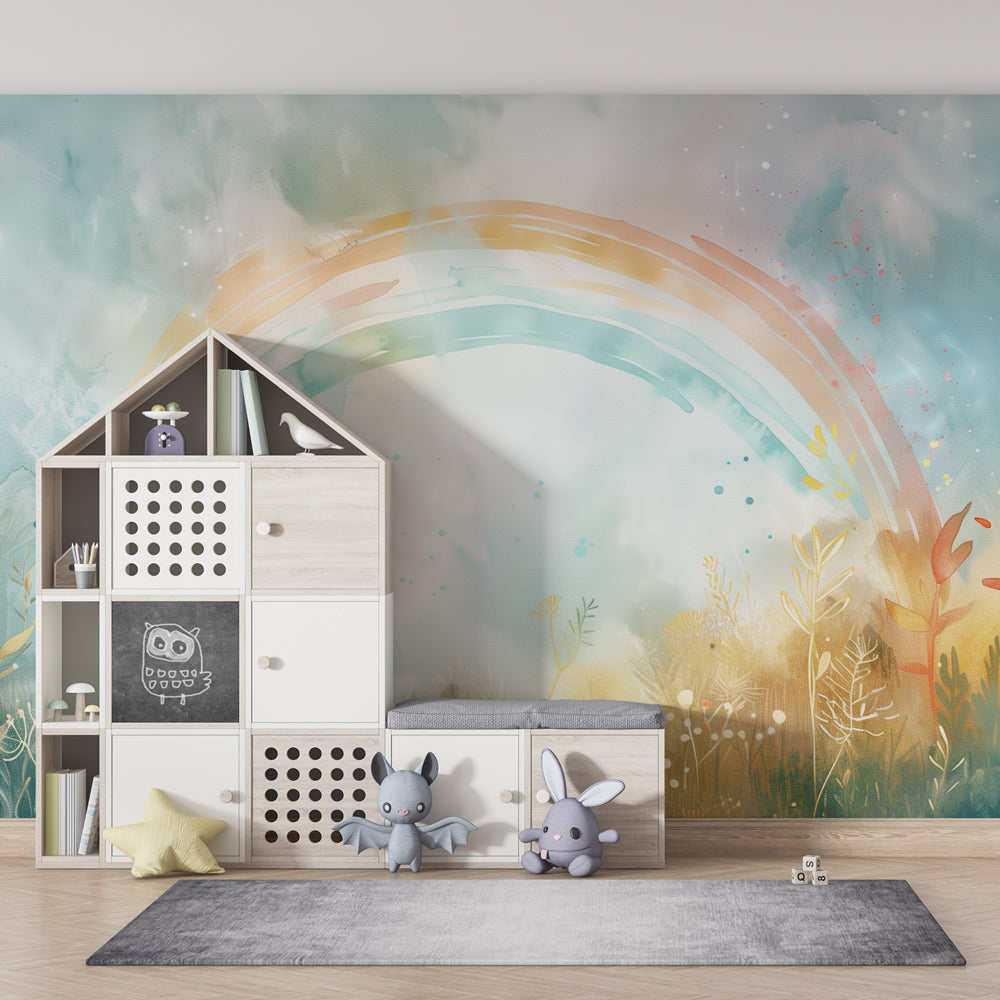 Watercolour rainbow wall mural by Kids-Mundo adding calm colour to a kids' playroom