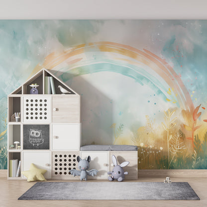 Watercolour rainbow wall mural by Kids-Mundo adding calm colour to a kids' playroom