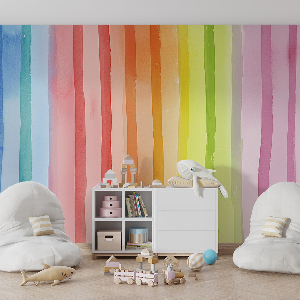 Kids-Mundo watercolour rainbow stripes wall mural brightening a playful children's playroom