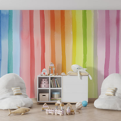 Kids-Mundo watercolour rainbow stripes wall mural brightening a playful children's playroom