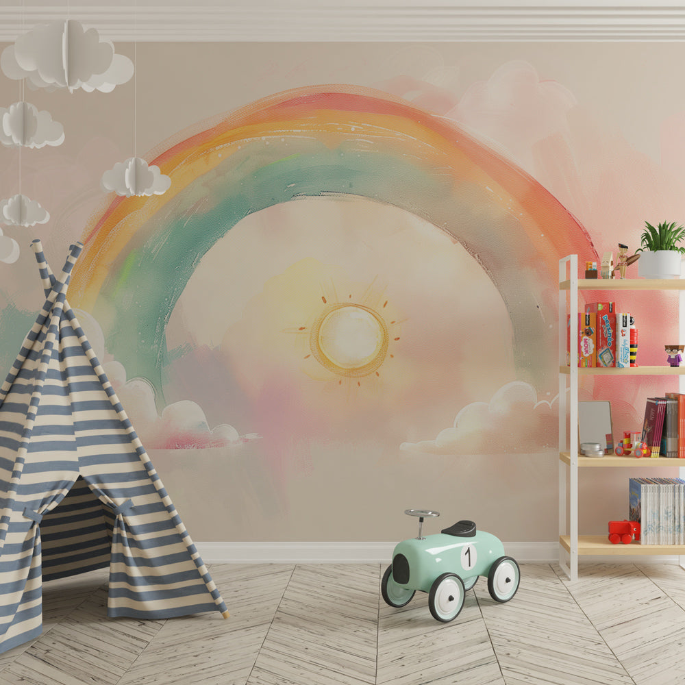 Kids-Mundo soft rainbow wallpaper mural styled in a toddler bedroom with warm wooden furniture