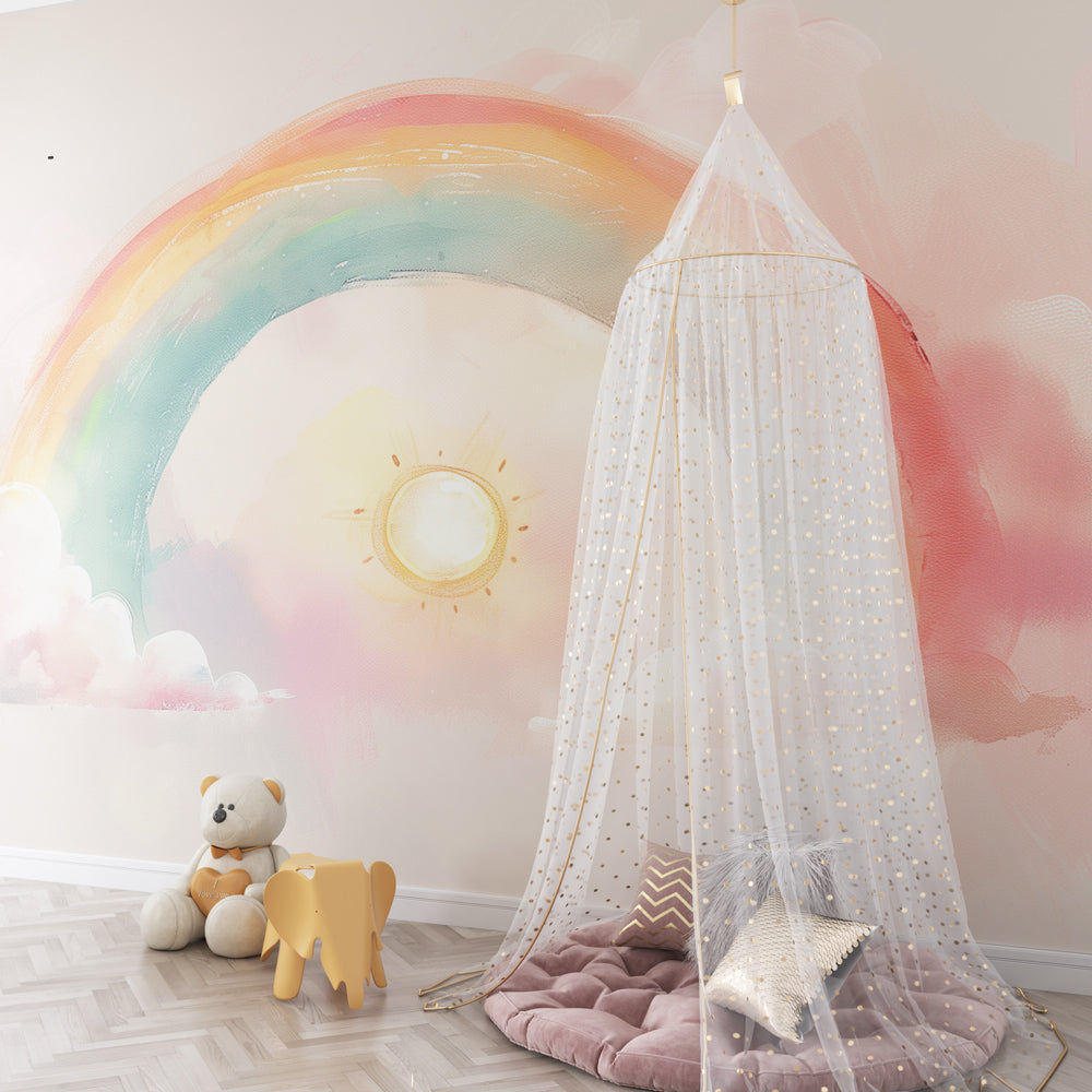 Kids-Mundo pastel rainbow and sunshine wall mural covering a playroom reading corner