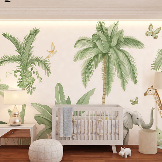 Kids-Mundo watercolour safari animals wall mural featured in a calm kids bedroom setting.