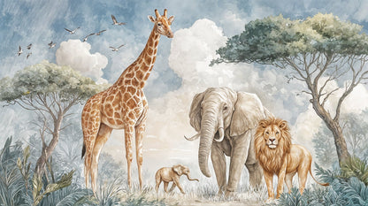 Kids-Mundo flat artwork of a watercolour safari scene with giraffe, elephants, lion and birds