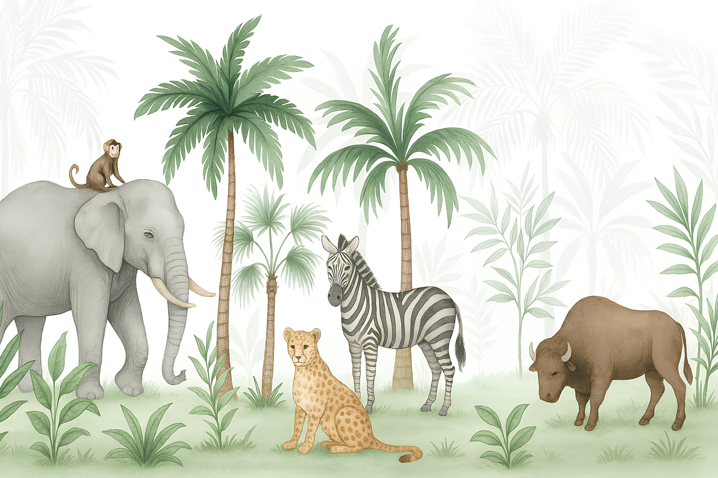 Flat artwork preview of the Kids-Mundo watercolour safari animals wall mural design