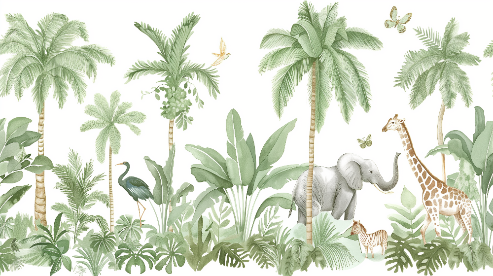 Kids-Mundo flat artwork preview of the complete watercolour safari animals wall mural design.