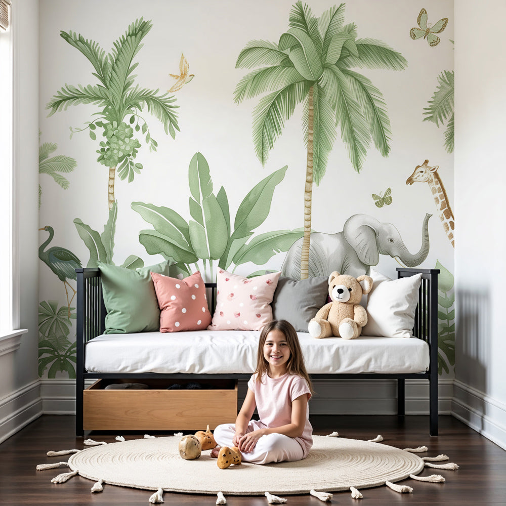 Kids-Mundo watercolour safari animals wall mural styled in a soft, light-filled nursery.