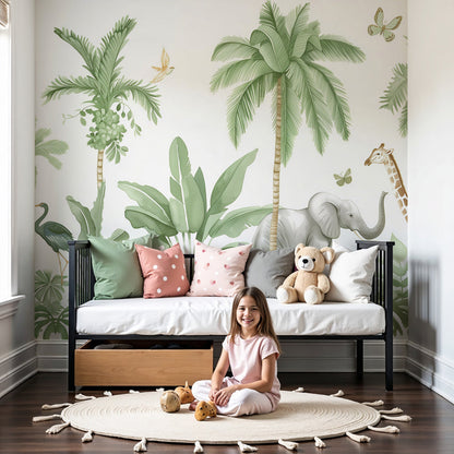 Kids-Mundo watercolour safari animals wall mural styled in a soft, light-filled nursery.