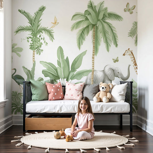 Kids-Mundo watercolour safari animals wall mural styled in a soft, light-filled nursery.