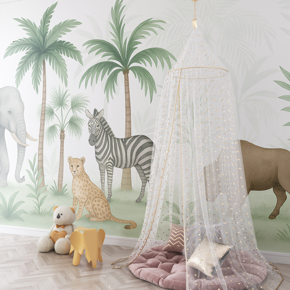 Savanna animal wall mural by Kids-Mundo decorating a gentle children's playroom