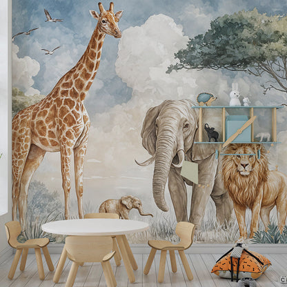 Kids-Mundo watercolour safari wall mural setting the scene in a bright children's playroom