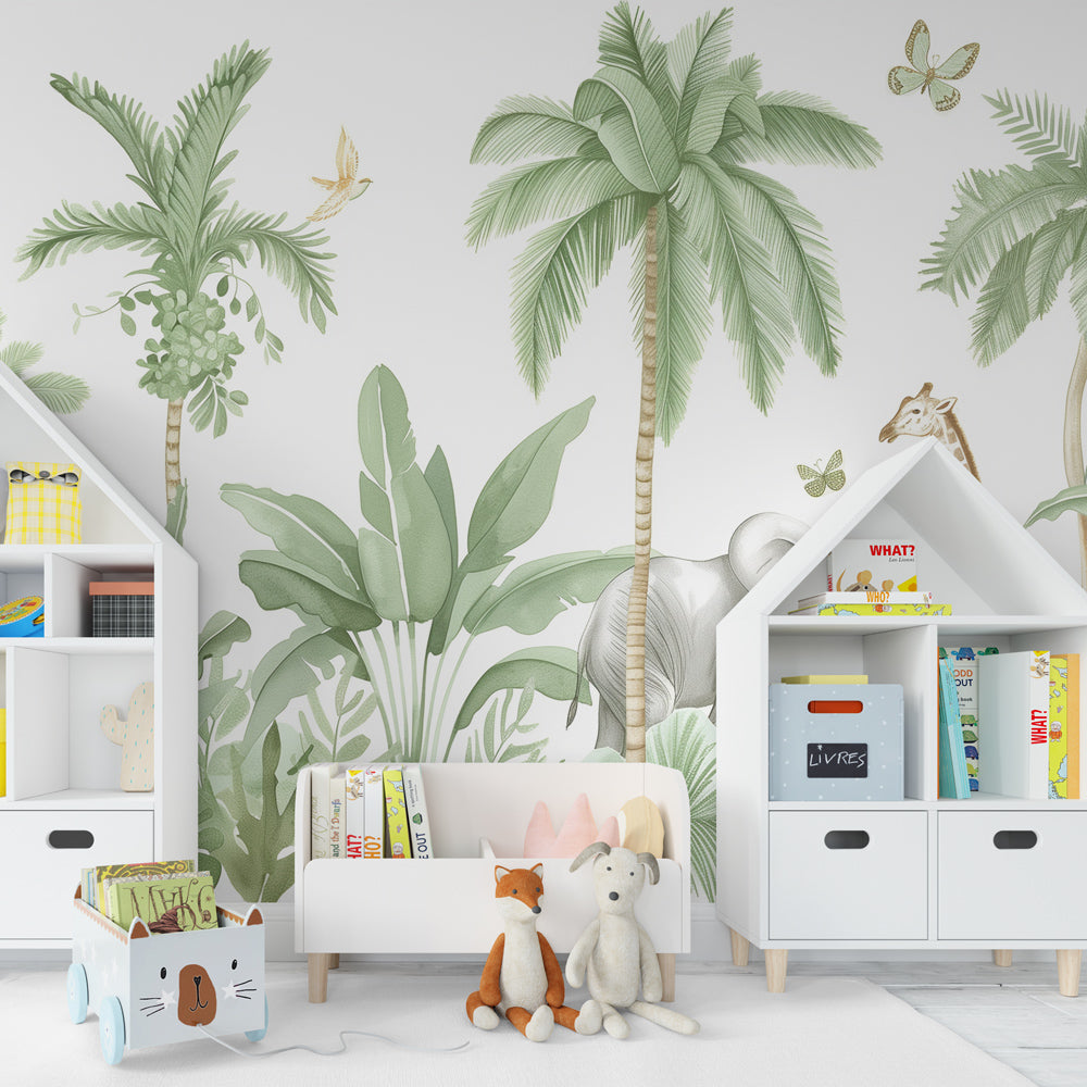 Kids-Mundo watercolour safari animals wall mural brightening a green-themed children's playroom.