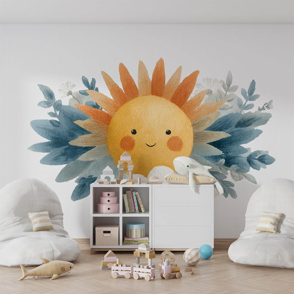 Kids-Mundo smiling sun and clouds wall mural featured behind a bed in a bright kids bedroom