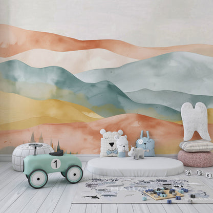 Layered watercolour mountain wall mural in a playroom, Kids-Mundo wallpaper