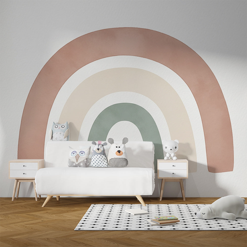 Kids-Mundo soft terracotta rainbow wall mural behind a bed in a kids bedroom