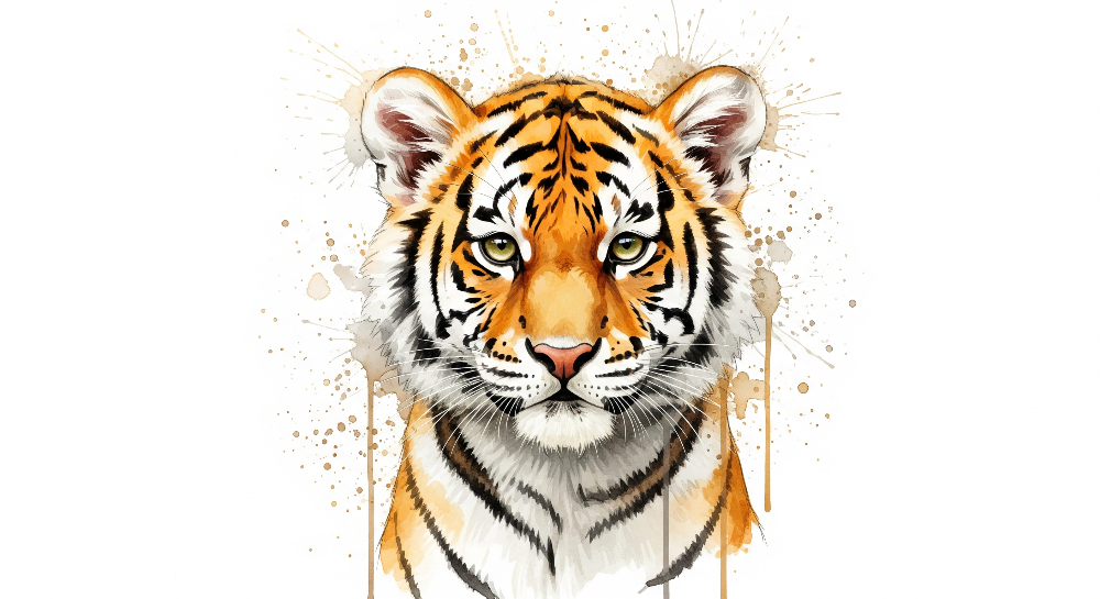 Kids-Mundo flat artwork of a close-up watercolour tiger portrait with warm amber splashes