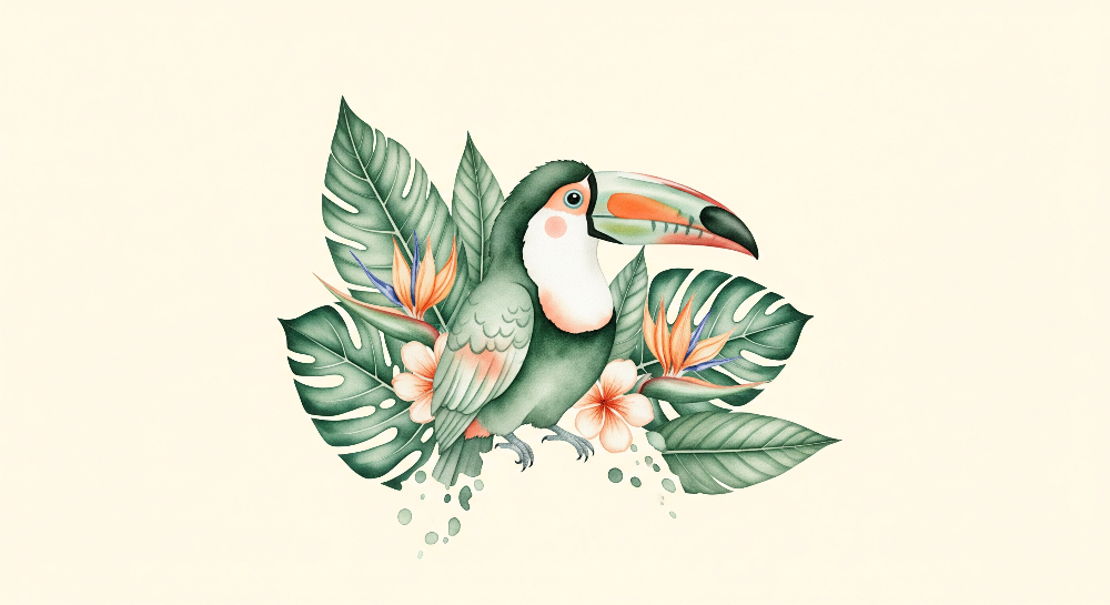 Kids-Mundo flat artwork of the watercolour toucan botanical wall mural design on a cream background.