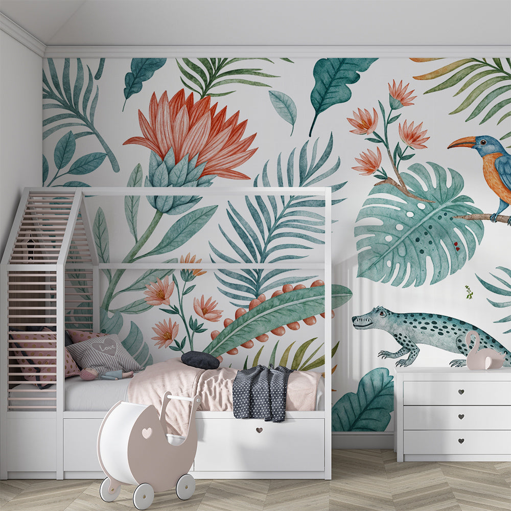 Kids-Mundo soft watercolour botanical wallpaper mural with tropical bird in a kids bedroom
