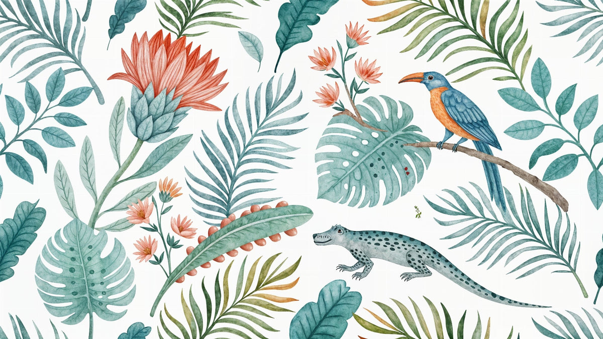 Watercolour Tropical Leaves and Bird Wall Mural