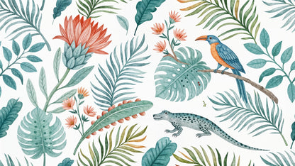 Kids-Mundo flat artwork of watercolour tropical leaves, bird and lizard wall mural design