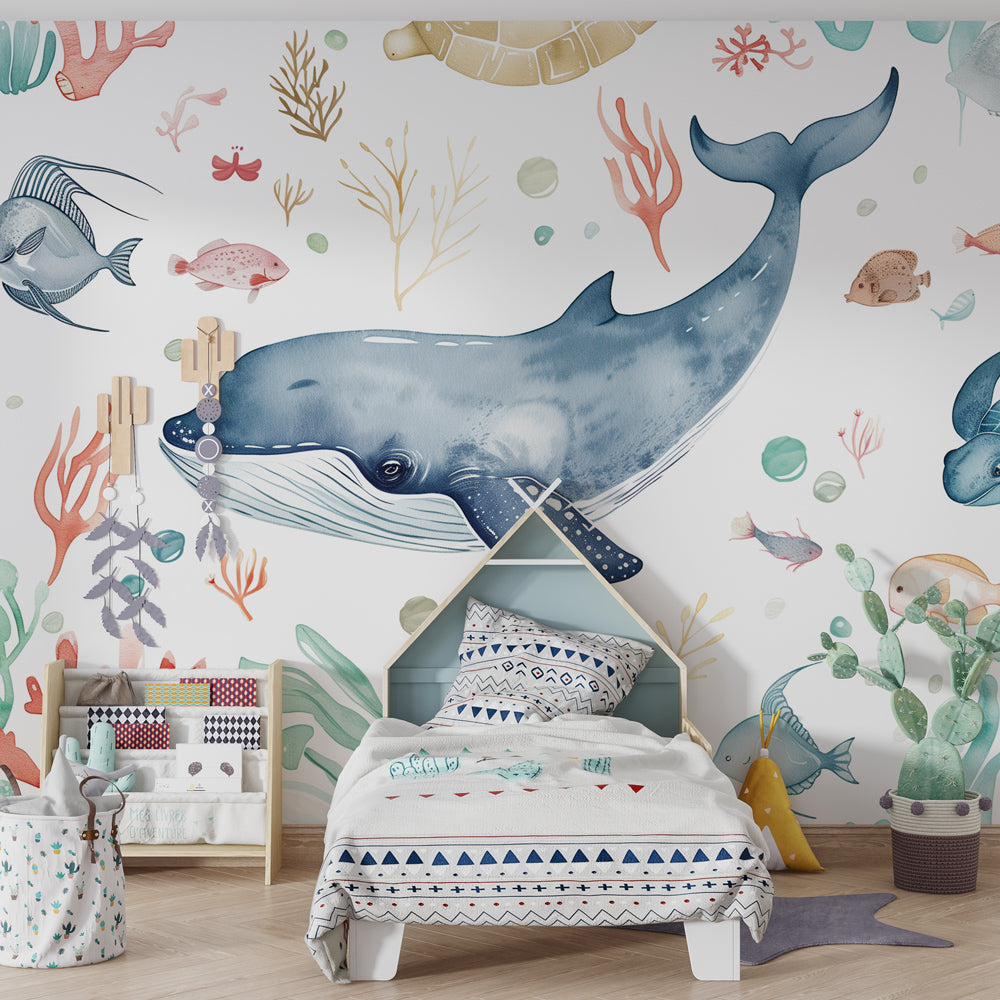Kids-Mundo whale and turtle wall mural featured on a calm kids bedroom wall