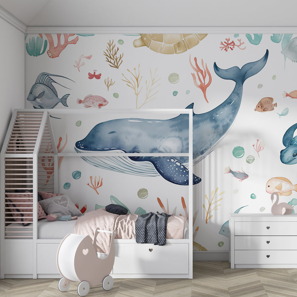 Kids-Mundo watercolour ocean wall mural bringing artistic calm to a children's playroom