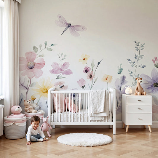 Kids-Mundo watercolour wildflower and dragonfly wall mural in a light, airy nursery