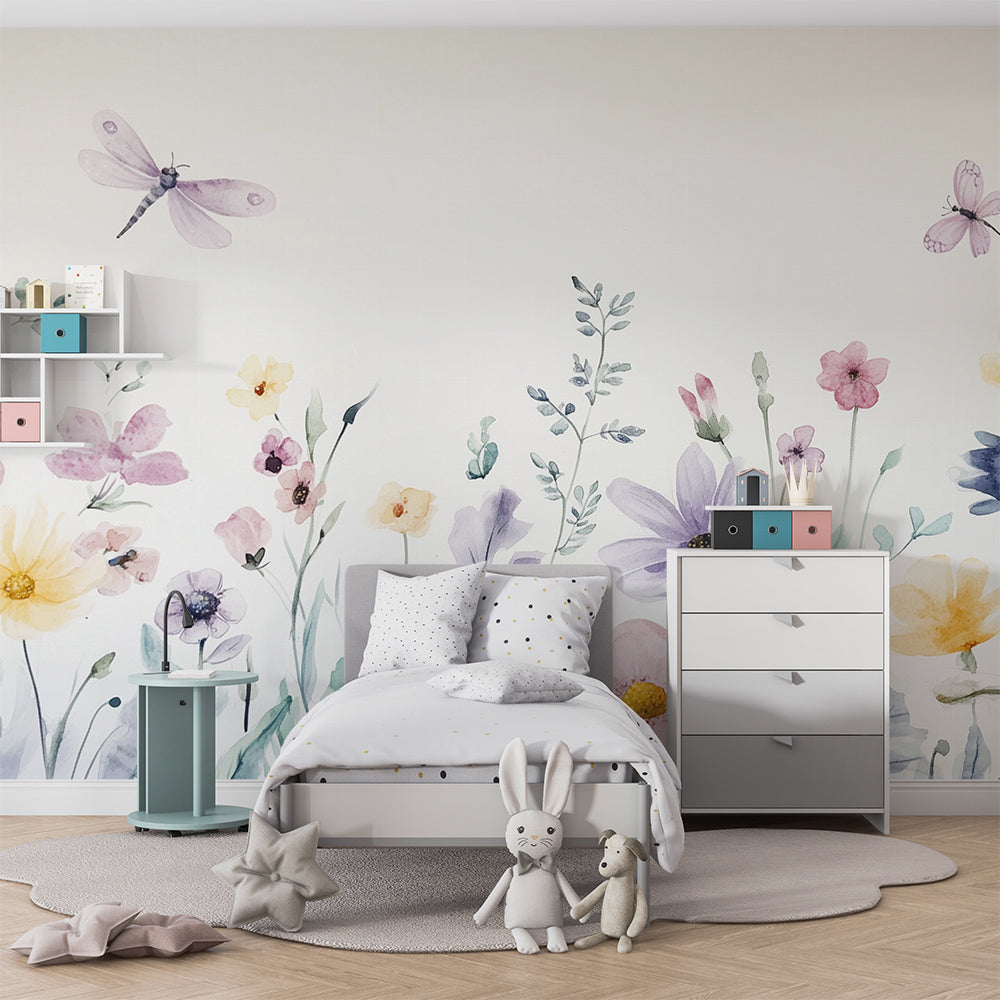 Kids-Mundo soft watercolour meadow wall mural brightening a children's playroom