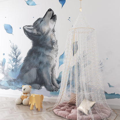 Kids-Mundo wolf pup wall mural with falling leaves featured in a kids bedroom
